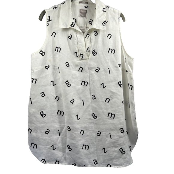 Chicos Women's Top L Black White 100% Linen Sleeveless Blouse Pullover Teacher - Picture 1 of 8